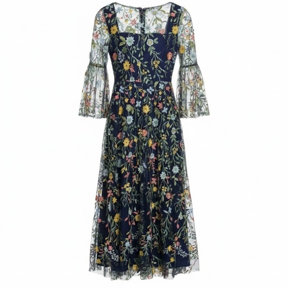 Floral Embroidered Mesh Midi Dress Sz 6 Bell Sleeve Cottagecore Navy